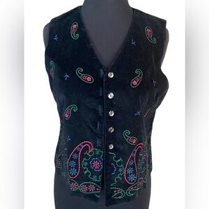Vintage Talbots black embroidered button front boho paisley vest size petite XS